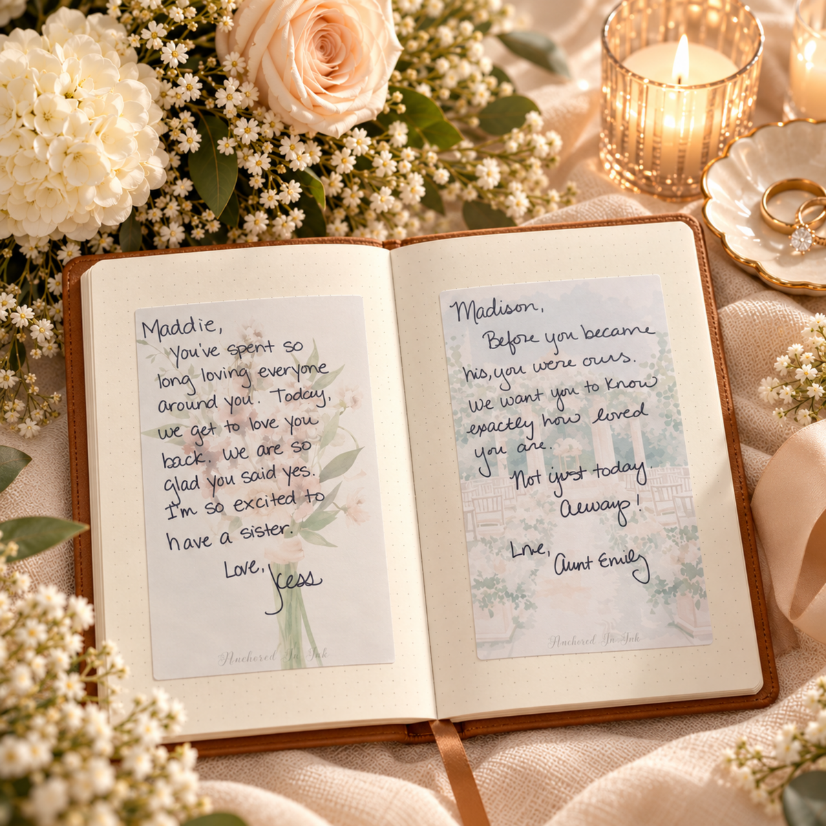 Handwritten bridal shower wishes pressed into a leather keepsake journal